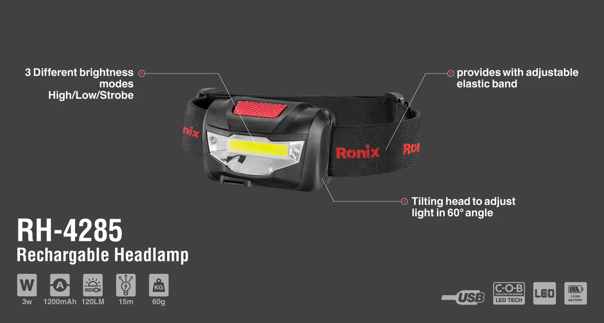 Ronix Wiederaufladbare Stirnlampe, 3 W - 120 Lumen