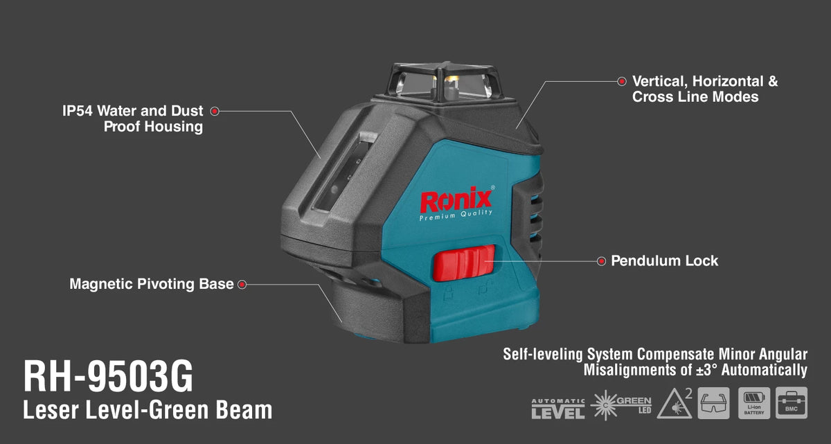 Ronix Kreuzlinien-Laser-Wasserwaage 50M – Grüner Strahl
