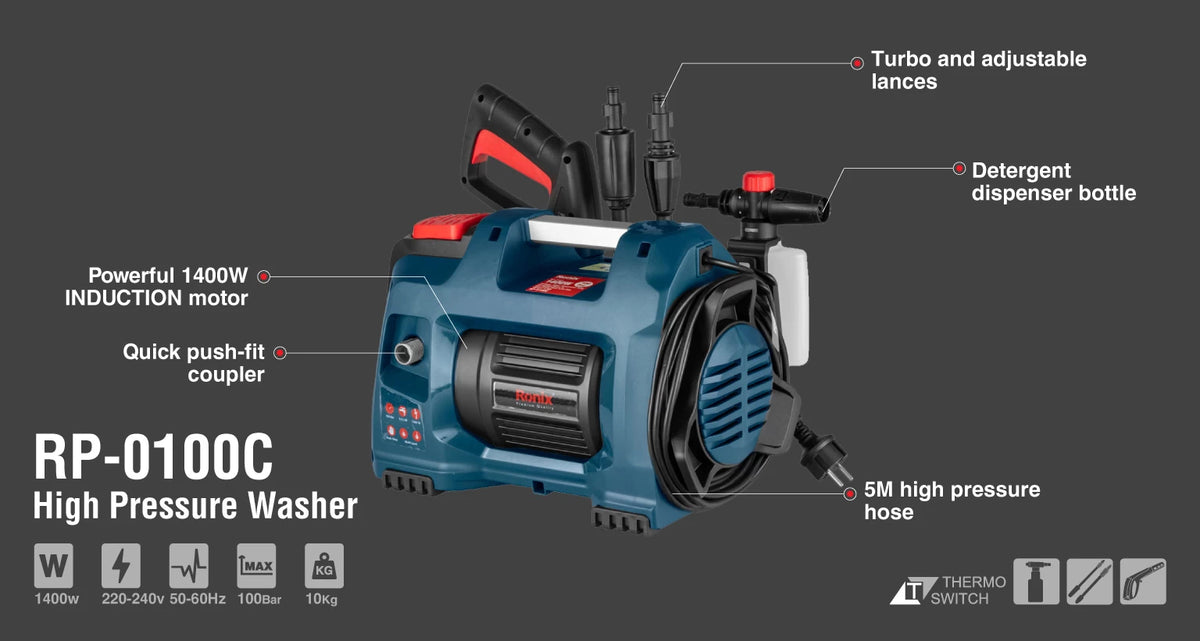 Ronix Kompakter Induktions-Hochdruckreiniger 100 bar - 1400 W - 6 l/min