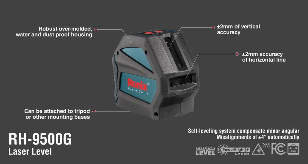 Ronix Kreuzlinien-Laser-Wasserwaage, 50 m – Grünstrahl