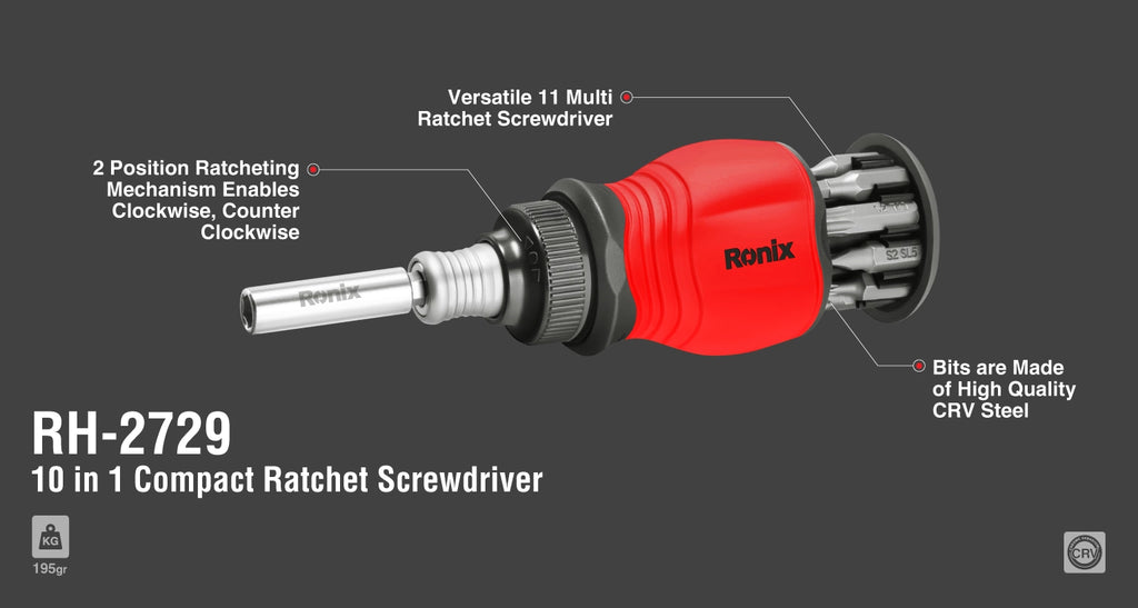 Ronix 10-in-1 kompakter Ratschen-Schraubendreher