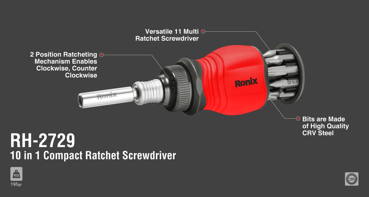 Ronix 10-in-1 kompakter Ratschen-Schraubendreher