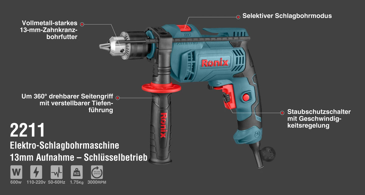 Ronix Elektro-Schlagbohrmaschine 800 W - 13 mm - Schlüsselbetrieb
