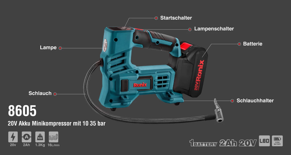 Ronix 20V Akku-Mini-Kompressor 10,35 bar