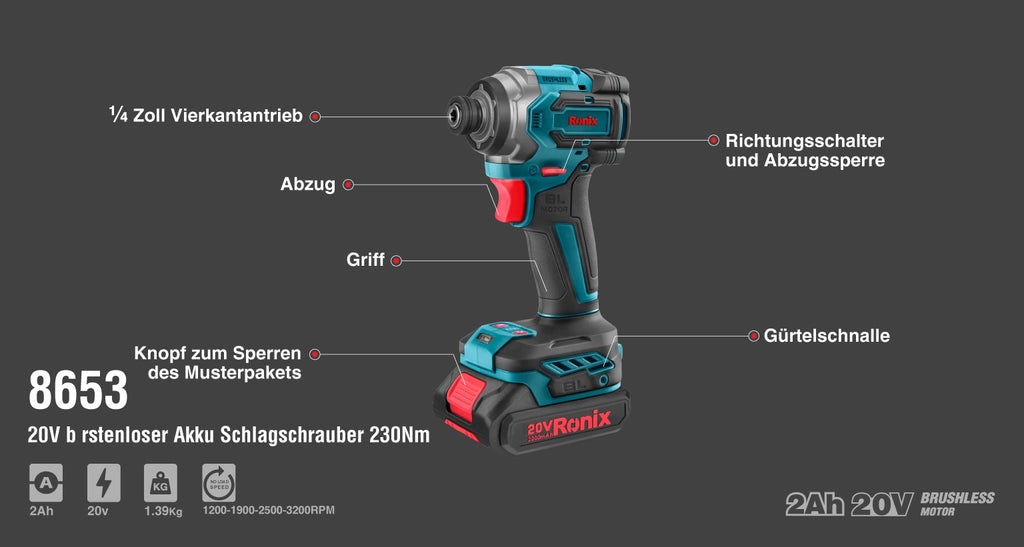 Ronix Bürstenloser Akku-Schlagschrauber 20 V 230 Nm