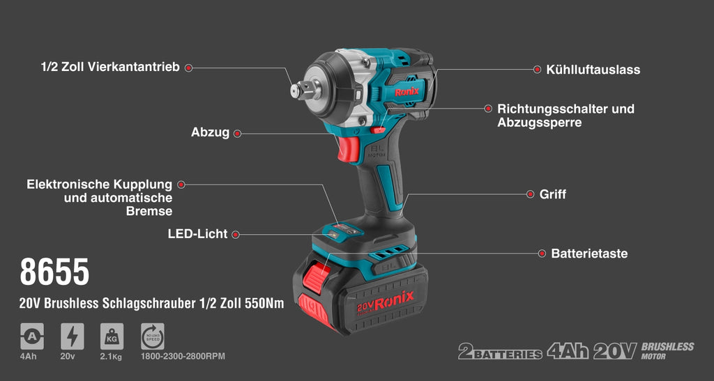 Ronix Bürstenloser Akku-Schlagschrauber 1/2 Zoll - 550 Nm