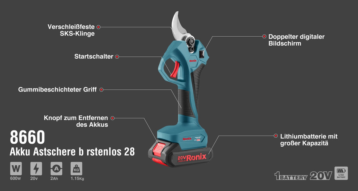 Ronix Bürstenlose Akku-Astschere 20 V 28 mm