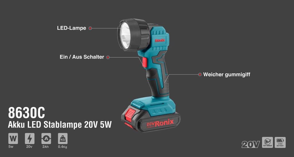 Ronix Akku-LED-Arbeitsleuchte 20V, 5 W (ohne Akku und Ladegerät)