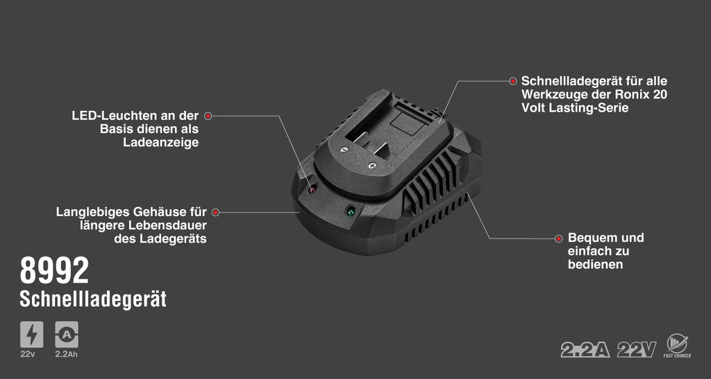 Ronix 20 V Ladegerät für bürstenlose Akkus - 2,2 A