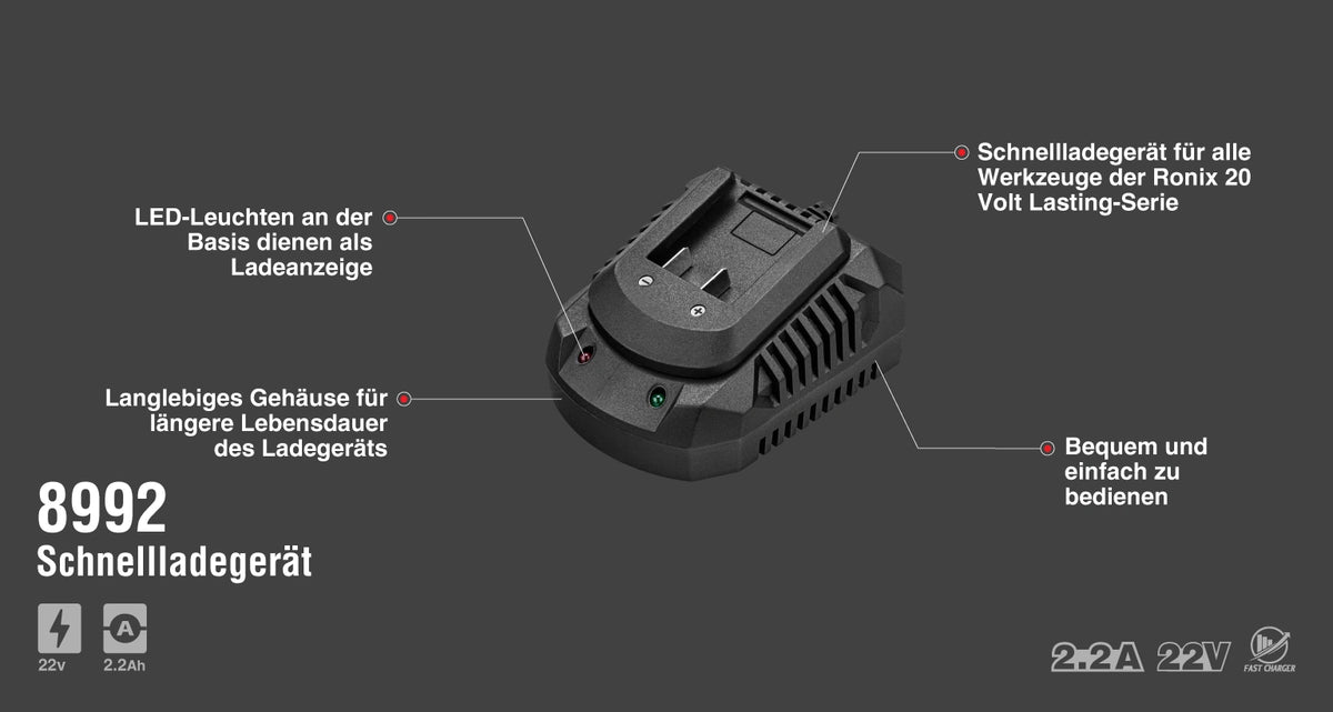 Ronix 20 V Ladegerät für bürstenlose Akkus - 2,2 A