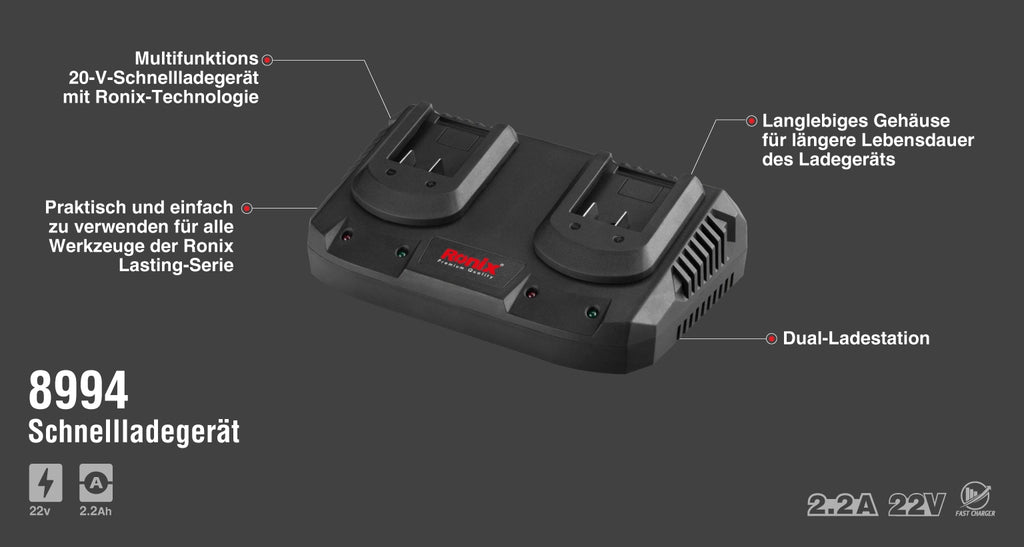 Ronix 20 V Dual-Ladegerät für bürstenlose Akkus - 2,2 A + 2,2 A
