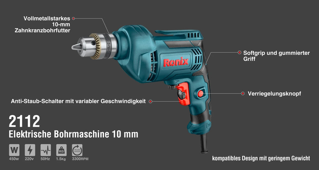 Ronix Elektro-Bohrmaschine 480 W - 10 mm Schaft - Schlüsselbetrieb