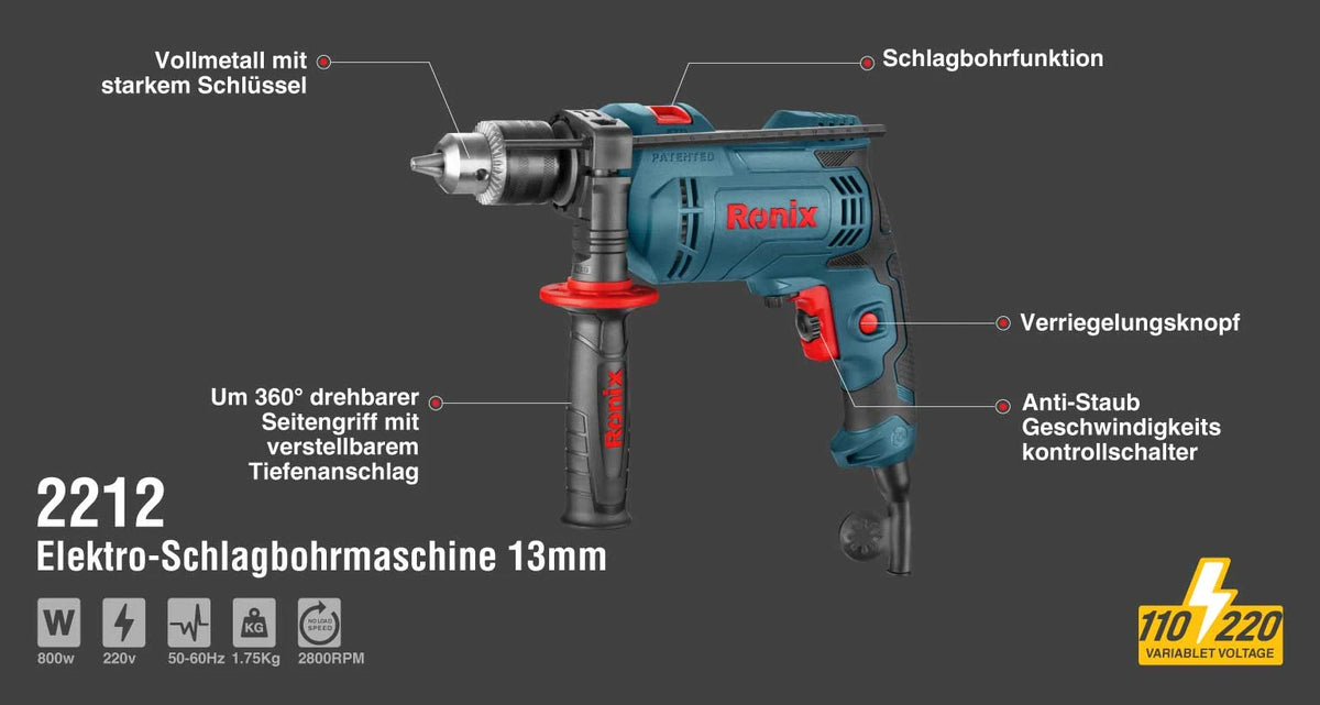 Ronix Elektro-Schlagbohrmaschine mit Schlüsselbetrieb 810 W 13 mm - 3000 U/min