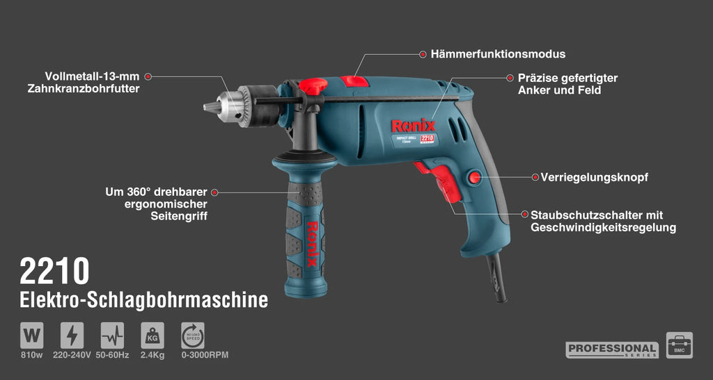 Ronix Elektro-Schlagbohrmaschine 13mm- 810W