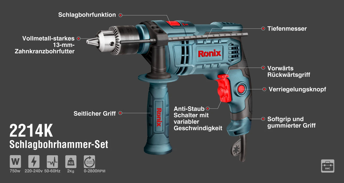 Ronix Schlagbohrhammer-Set mit Zahnkranzbohrfutter 750 W - 13 mm