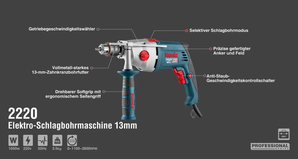Ronix Elektro-Schlagbohrmaschine 1050W - 13mm - Schlüsselbetrieb
