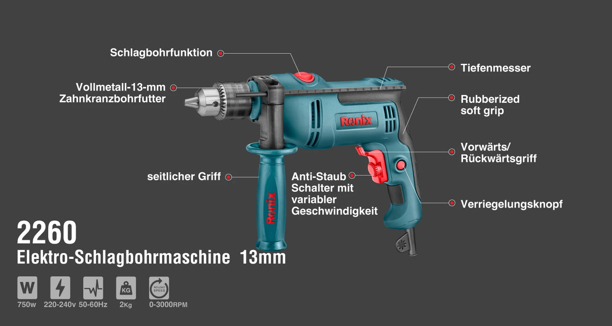 Ronix Elektro-Schlagbohrmaschine – 750 W - 13 mm - 3000 U/min