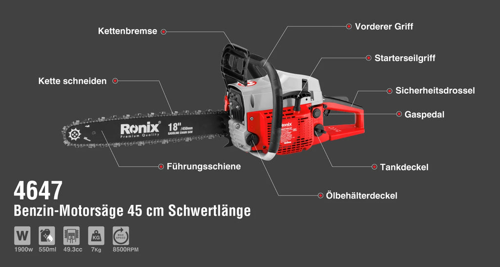 Ronix Benzin-Motorsäge 1900 W - 45 cm Schwertlänge