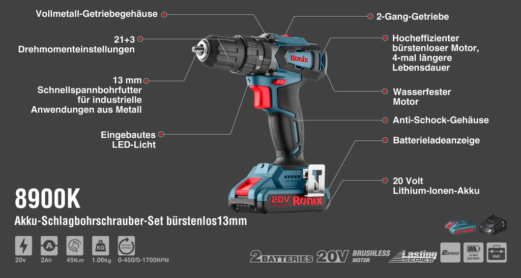 Ronix Akku-Schlagbohrschrauber-Set 20V bürstenlos 13mm - 45 Nm