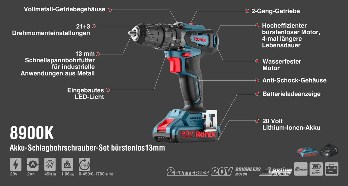 Ronix Akku-Schlagbohrschrauber-Set 20V bürstenlos 13mm - 45 Nm