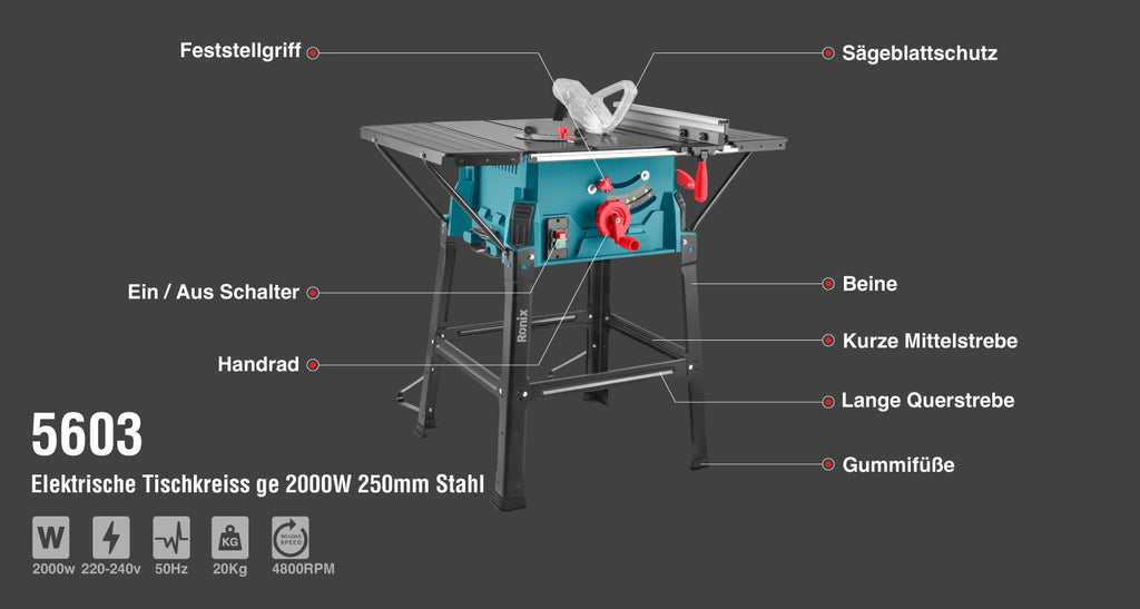 Ronix Elektrische Tischkreissäge 2000 W - 250 mm Stahl-Untergestell