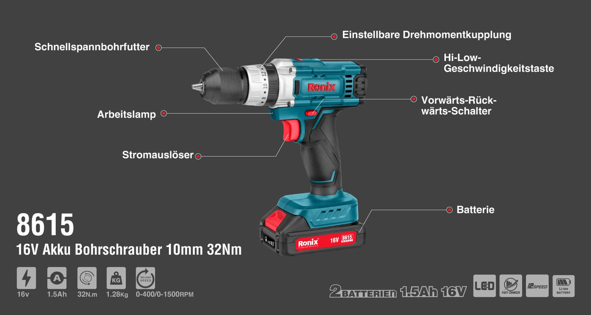 Ronix 16V Akku-Bohrschrauber 10 mm - 32 Nm