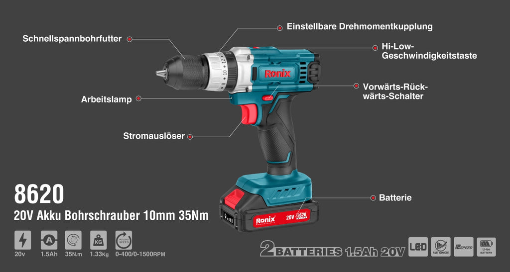Ronix Akku-Schlagbohrschrauber 20 V 10 mm 35 Nm