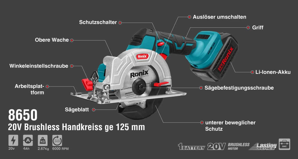 Ronix Bürstenlose Akku-Handkreissäge 20 V 125 mm
