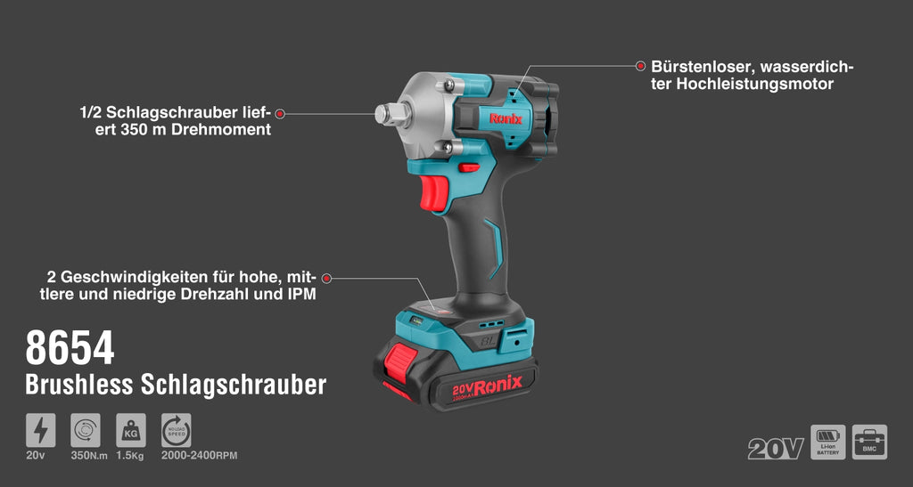Ronix Bürstenloser Akku-Schlagschrauber 1/2 Zoll