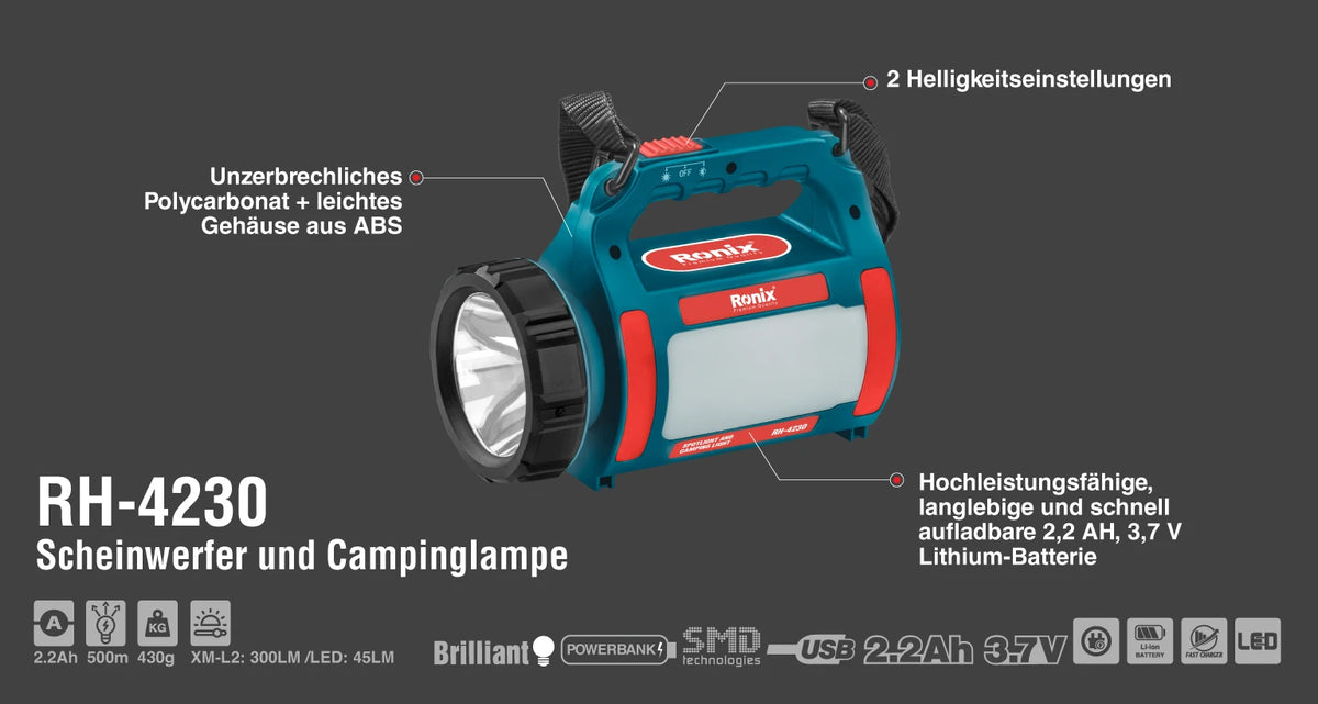 Ronix Scheinwerfer und Campinglampe 300LM - Brilliant-Modell