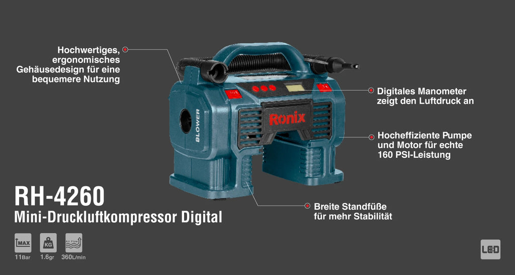 Ronix Mini-Druckluftkompressor Digital 11 bar