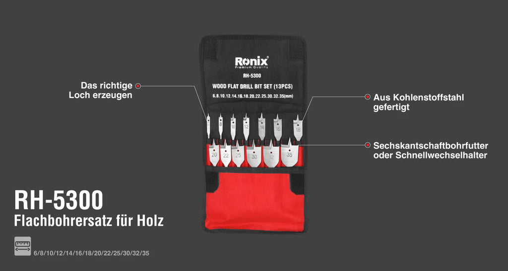 Ronix Holz-Flachbohrer-Set (13-teilig) (6,8,10,12,14,16,18,20,22,25,30,32,35)