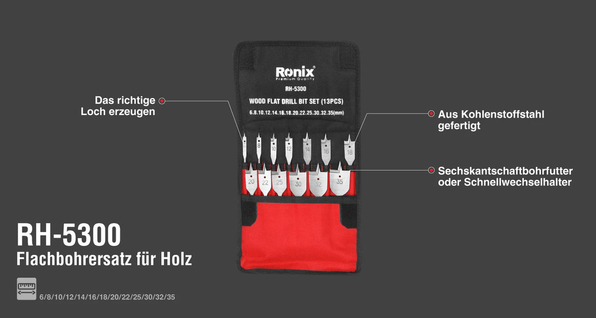 Ronix Holz-Flachbohrer-Set (13-teilig) (6,8,10,12,14,16,18,20,22,25,30,32,35)
