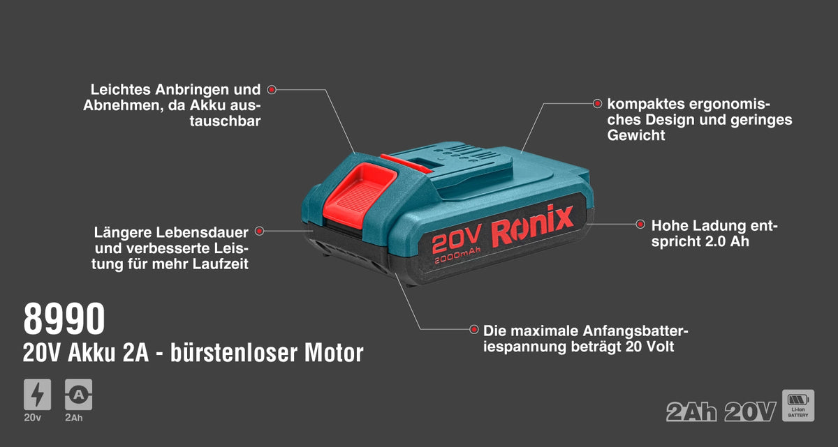 Ronix 20 V Akku 2A - bürstenloser Motor