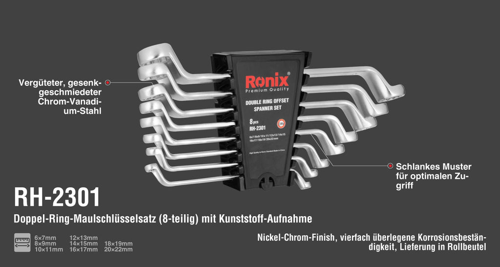 Ronix Doppel-Ring-Maulschlüsselsatz (8-teilig) mit Kunststoff-Aufnahme