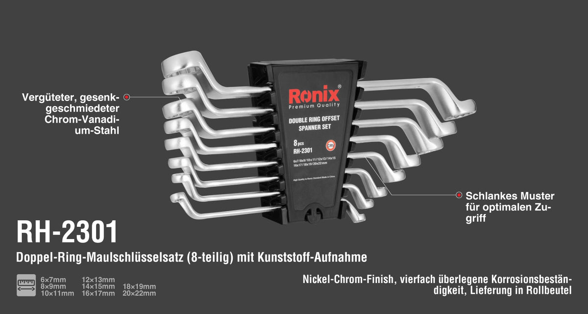Ronix Doppel-Ring-Maulschlüsselsatz (8-teilig) mit Kunststoff-Aufnahme