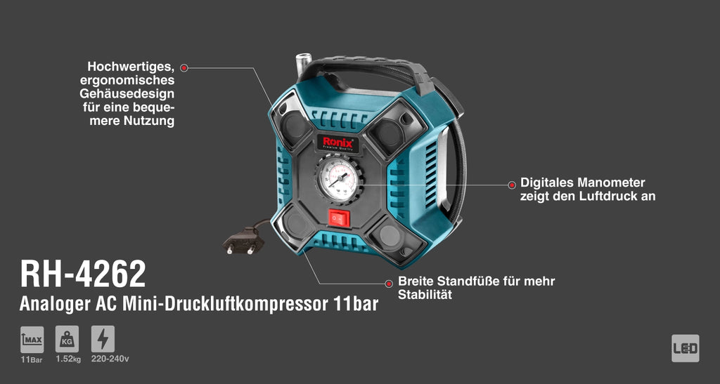 Ronix Analoger AC Mini-Druckluftkompressor 11 bar
