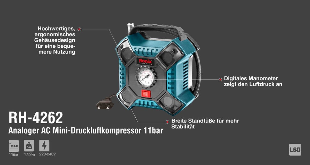 Ronix Analoger AC Mini-Druckluftkompressor 11 bar