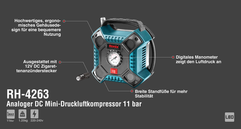 Ronix Analoger DC Mini-Druckluftkompressor 11 bar