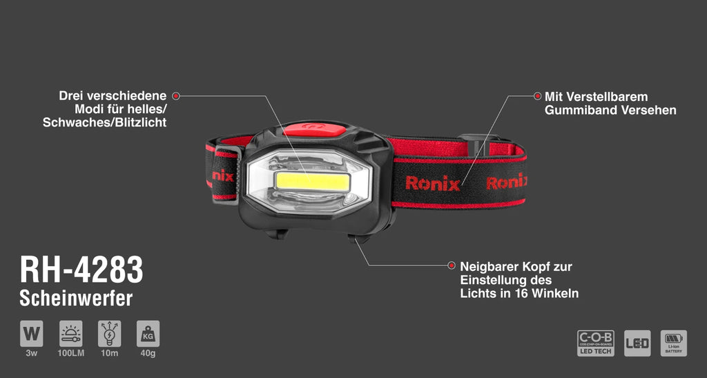 Ronix Stirnlampe, 100 lm