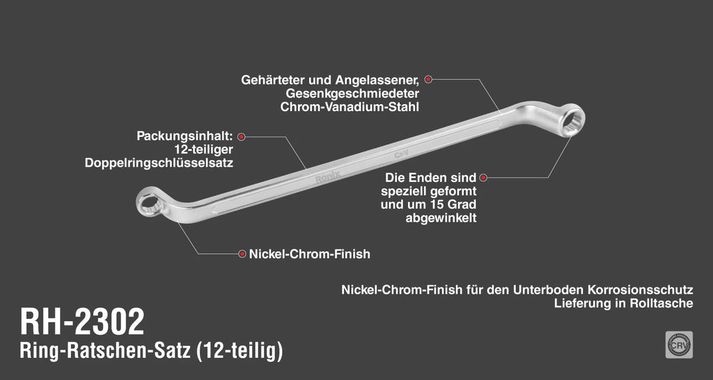 Ronix Doppelringschlüssel-Set gekröpft (12-teilig)