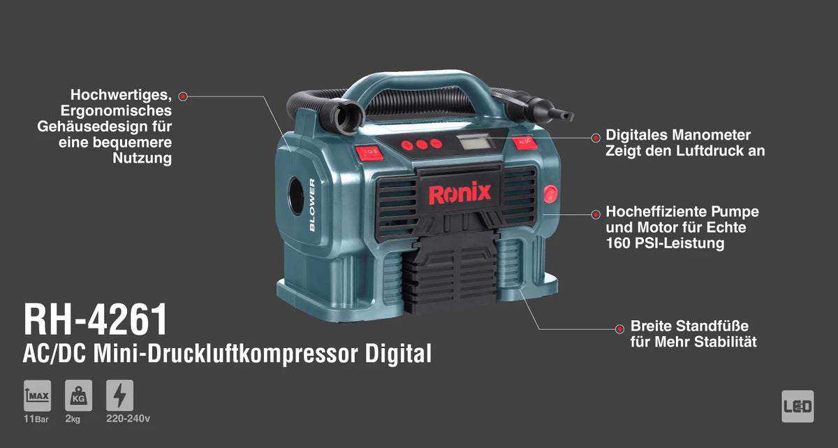 Ronix AC/DC Mini-Druckluftkompressor Digital 11 bar