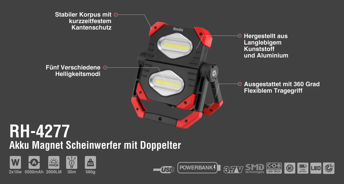 Ronix Akku-Baustrahler LED, 2x schaltbar, 2000 Lumen