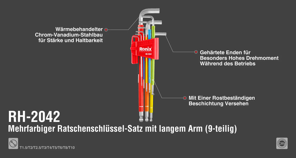 Ronix Mehrfarbiges Sechskantschlüssel-Set mit langem Arm (9-teilig)