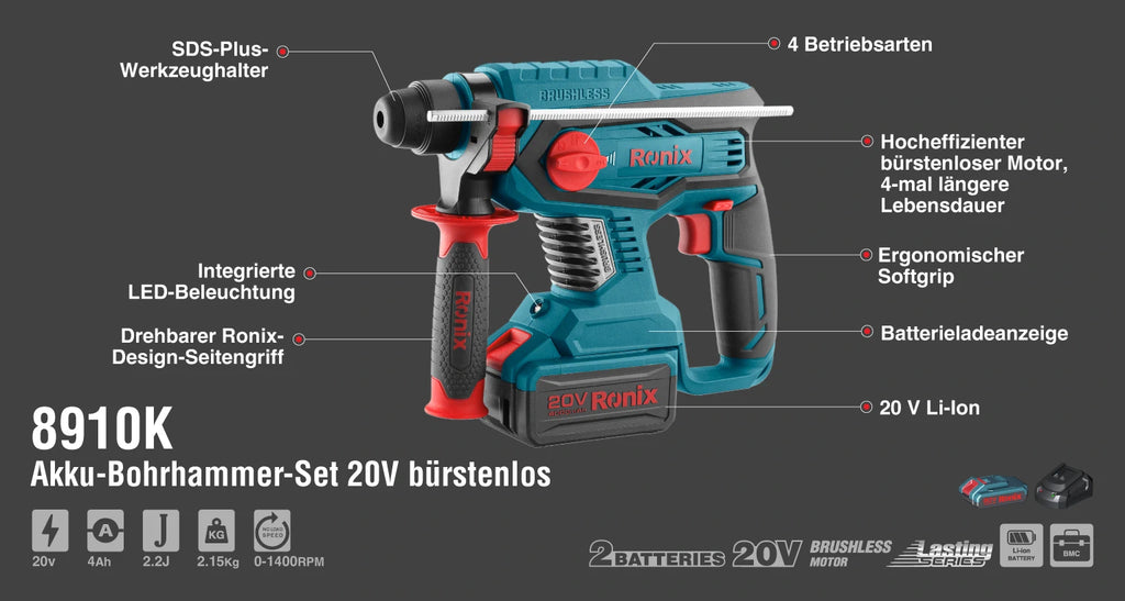Ronix Akku-Bohrhammer-Set 20V bürstenlos 2,2J