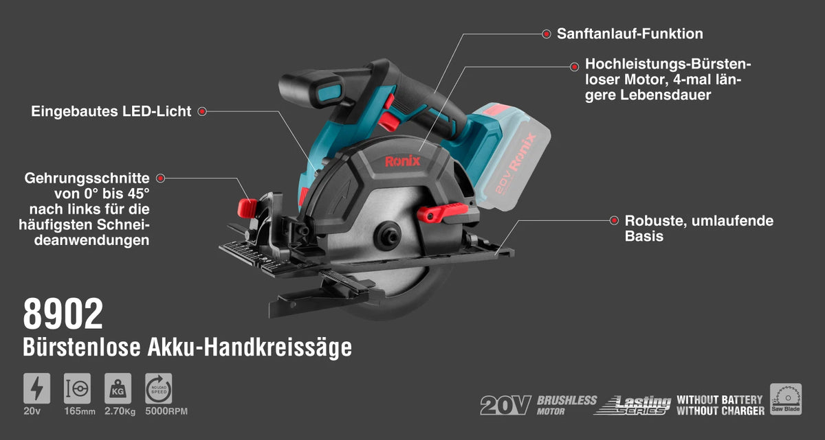 Ronix 20 V bürstenlose Akku-Handkreissäge 165 mm 165 mm