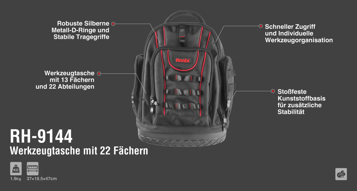 Ronix Werkzeugtasche mit 22 Fächern, 13 Zoll