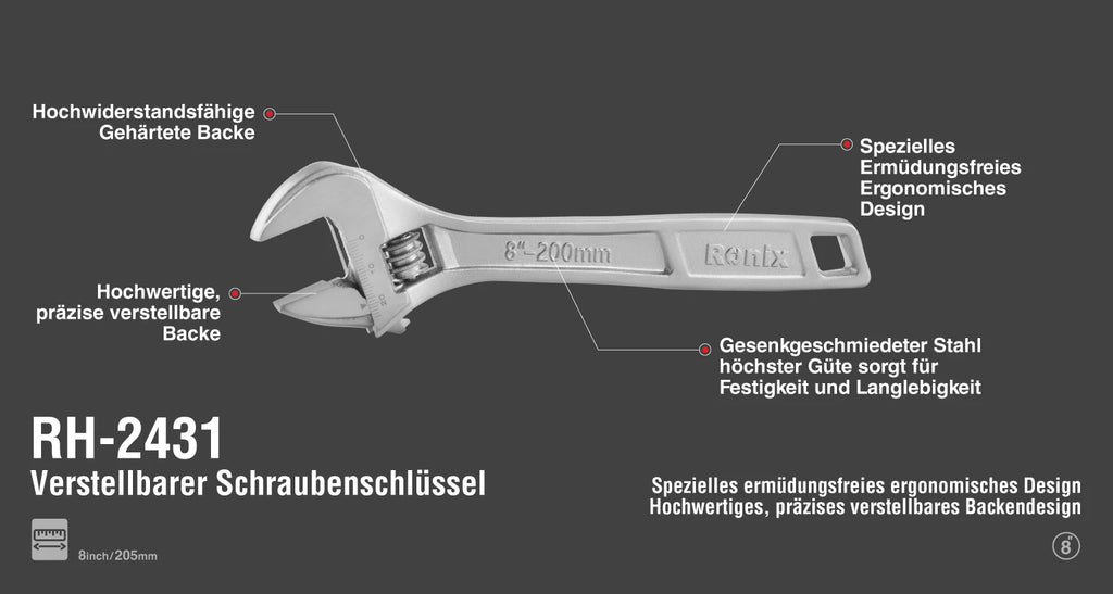 Ronix Verstellbarer Schraubenschlüssel - 200 mm / Chrom-Serie
