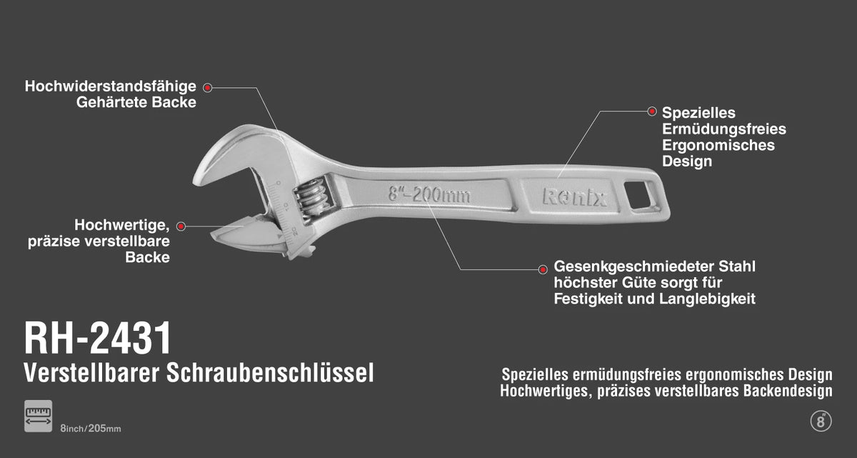 Ronix Verstellbarer Schraubenschlüssel - 200 mm / Chrom-Serie