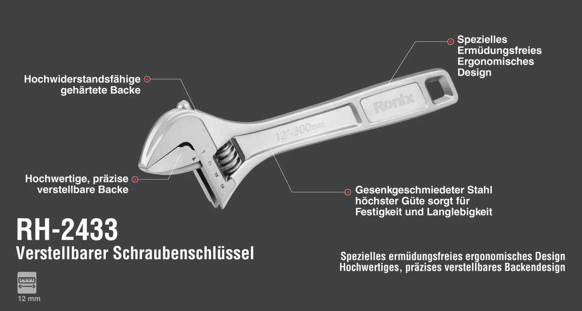 Ronix Verstellbarer Schraubenschlüssel - 300 mm / Chrom-Serie